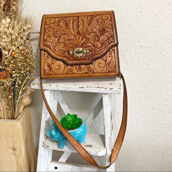 Handbags - Handmade leather floral tooled crossbody bag